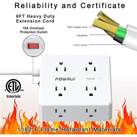 Surge Protector Power Strip - 6 Ft Flat Plug Extension Cord with 8 Widely Outlet - Picture 5 of 8